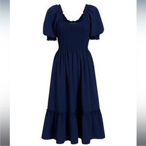 Blue Smocked Midi Sundress with Puff Sleeves